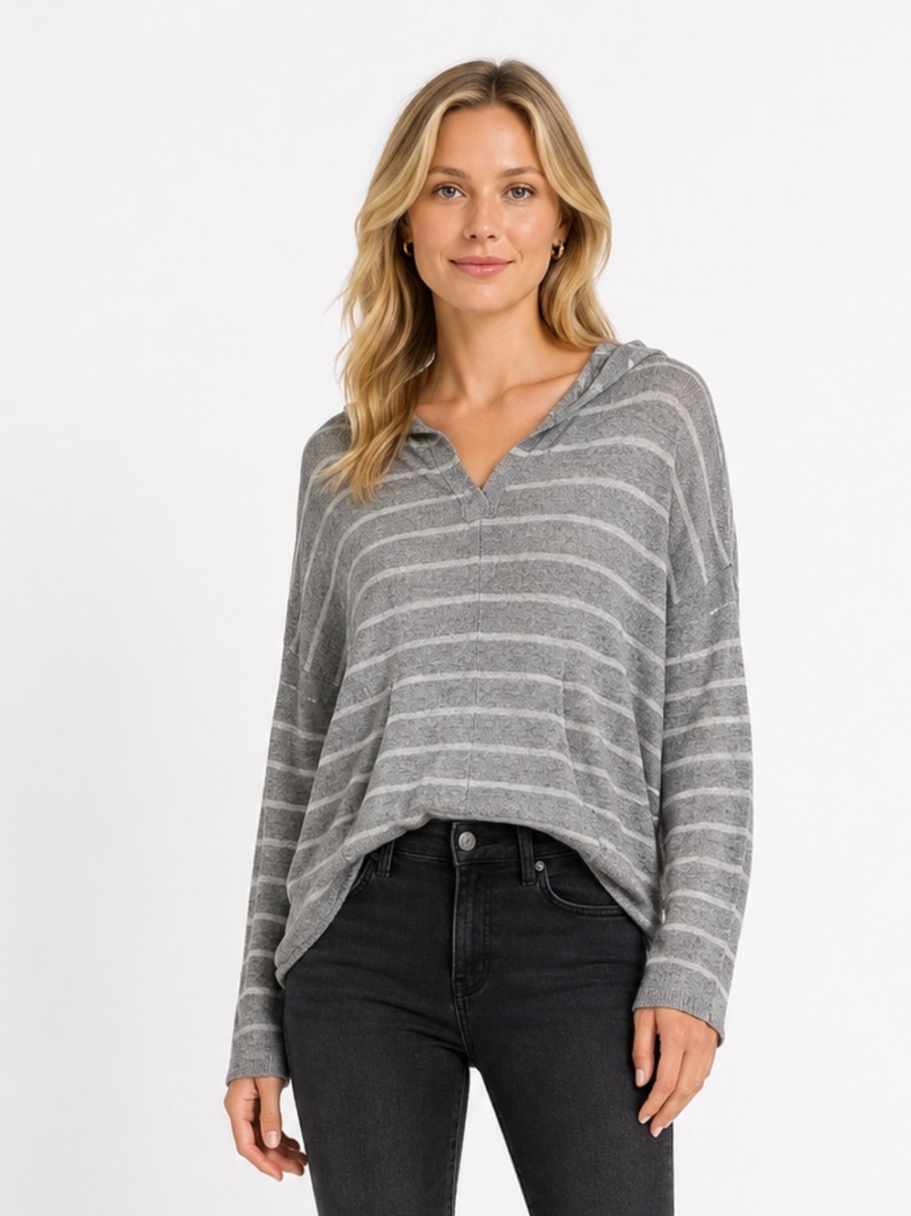 Abercrombie & Fitch Womens Gray Striped Hooded Pullover Sweater Lightweight Knit
